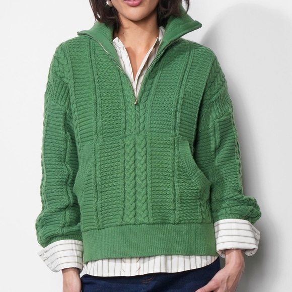 Greylin Sweaters - Greylin Forest Green Cable Knit Turtleneck Sweater Zipper Detail